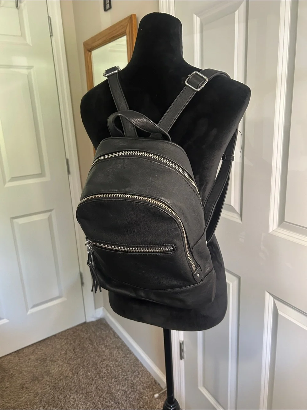 MMS Design Studio Black Leather Mini Backpack with Silver Zippers